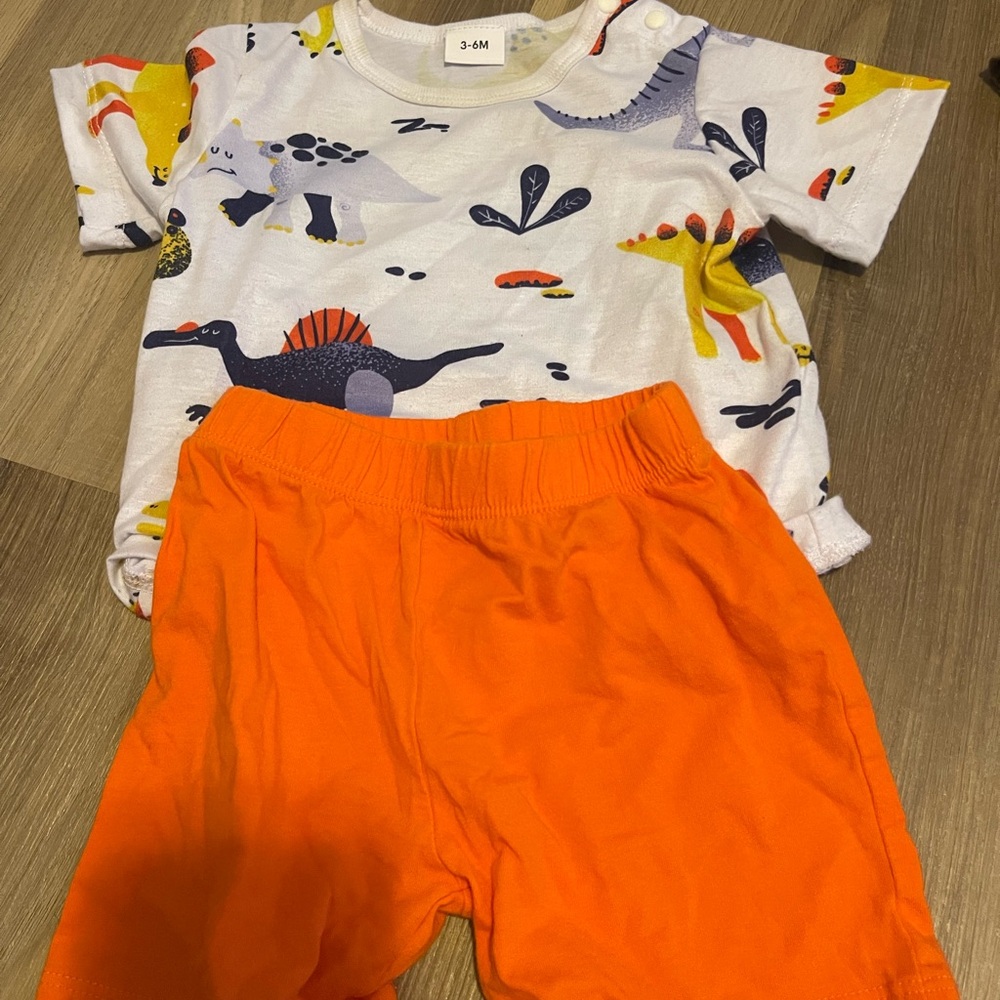 Dinosaur Print Baby Outfit with Orange Shorts